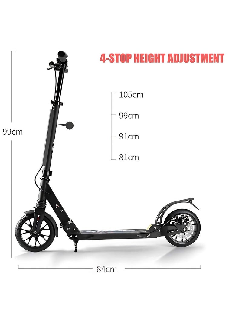 Foldable Kick Scooter with Adjustable Height, Disc Brake, Dual Suspension, and 200mm Wheels – Lightweight Alloy Deck for Kids, Teens, and Adults