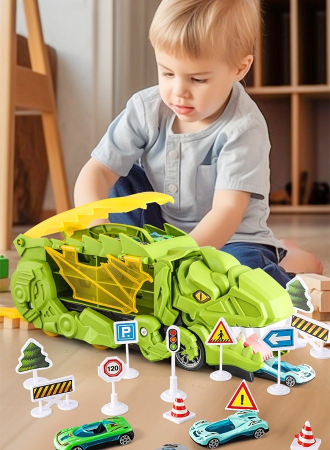 Boy's Dream Dinosaur Devouring Storage Car 16 Piece Set, A Toy for Children Over Three Years Old That Integrates Friction Bands and Storage Functions