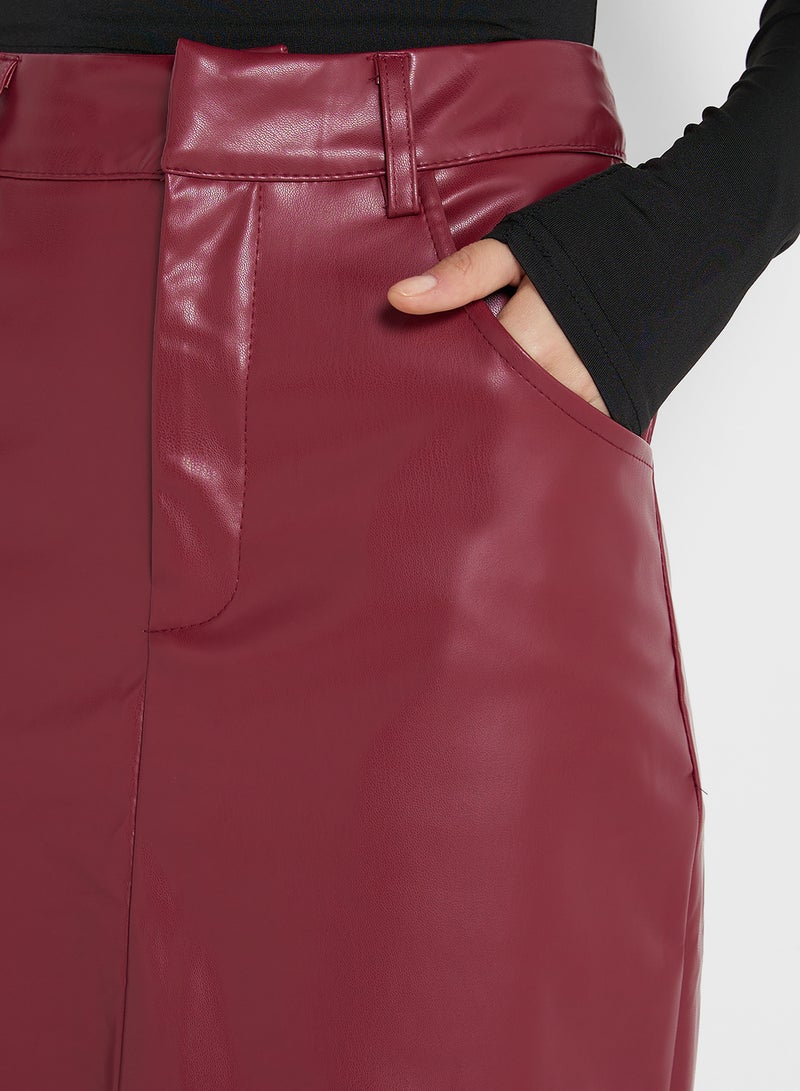 Pu Leather Maxiskirt With Slit