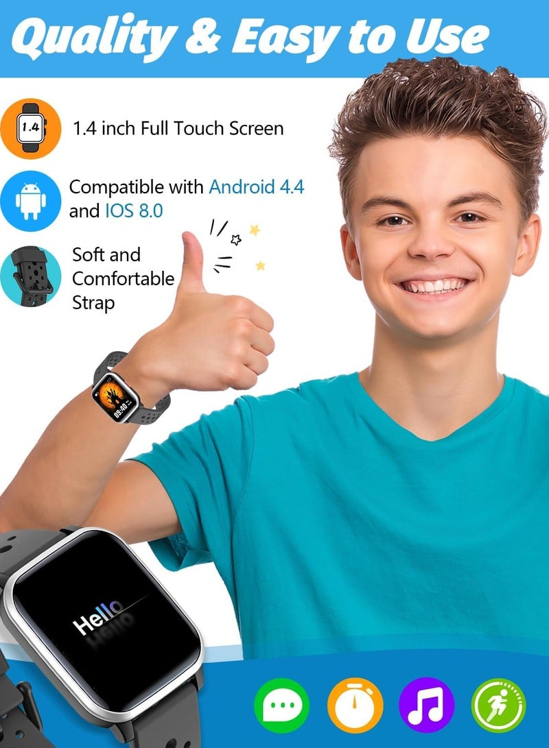 Kids Smart Watch with Sleep Mode, 20 Sports Modes, 5 Games and Pedometer - Fun Birthday Gifts for 4-16 Year-Olds(Black)