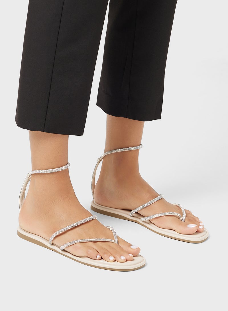 Diamante Ankle Strap Flat Sandal