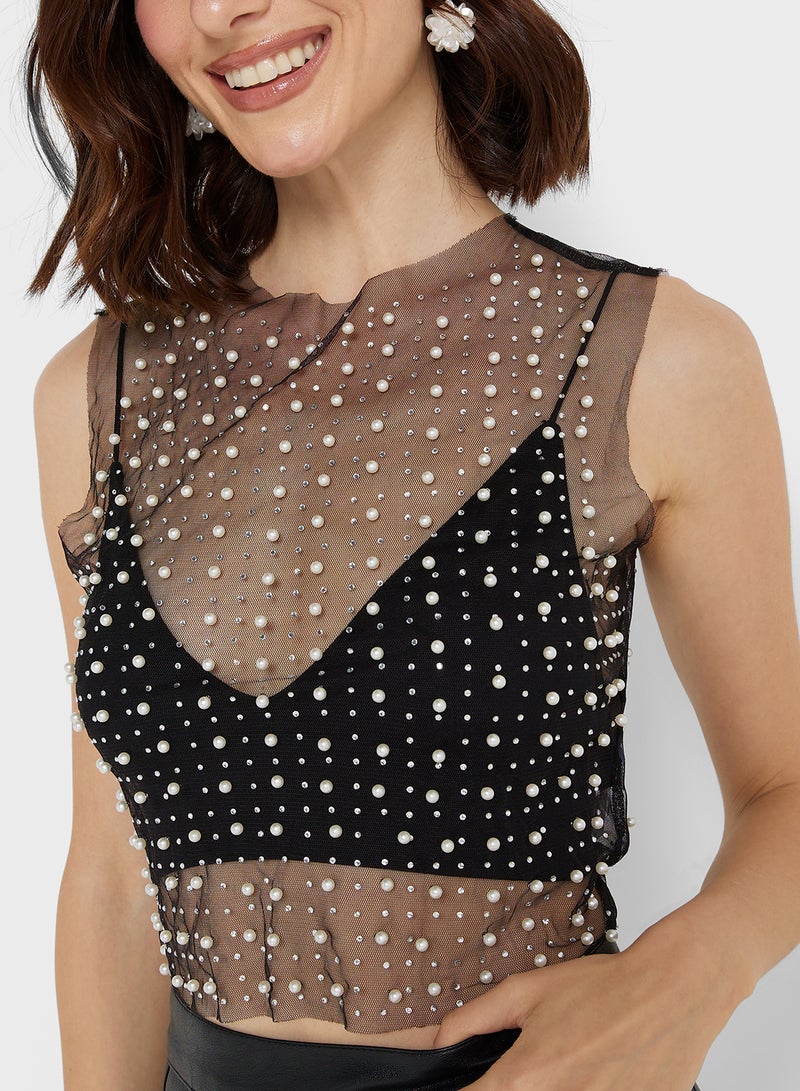 Sheer Diamante Detail Crop Top