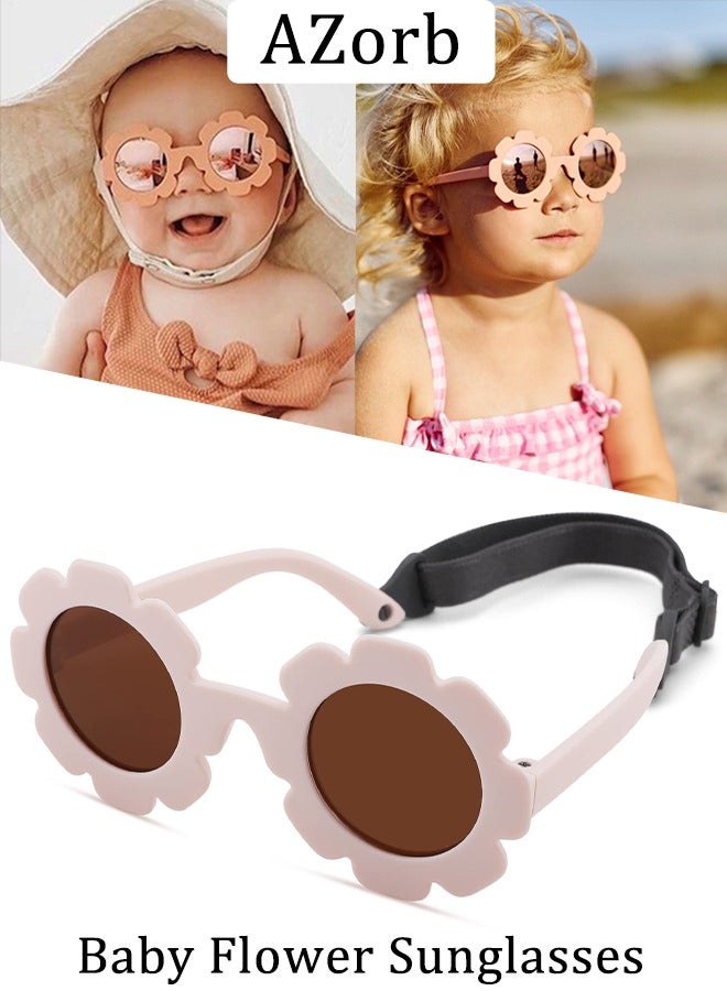 Polarized Baby Sunglasses with Adjustable Strap Fashion Cute Flower Soft Silicone Frame UV400 Protection for Newborn Infant Kids Girls Boys 0-48 Months White