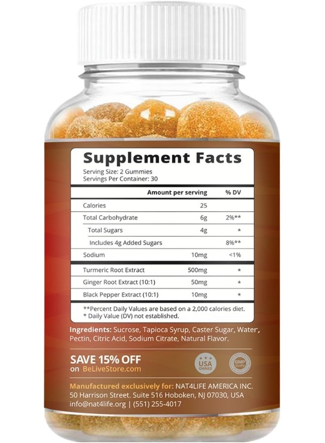 Vegetarian Friendly Turmeric With Ginger Gummies Curcumin Vitamins All Natural Chews For Adults & Kids (60 Count)
