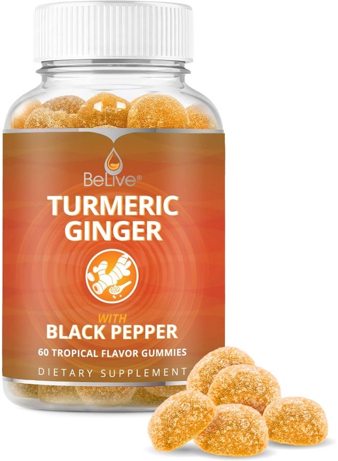 Vegetarian Friendly Turmeric With Ginger Gummies Curcumin Vitamins All Natural Chews For Adults & Kids (60 Count)