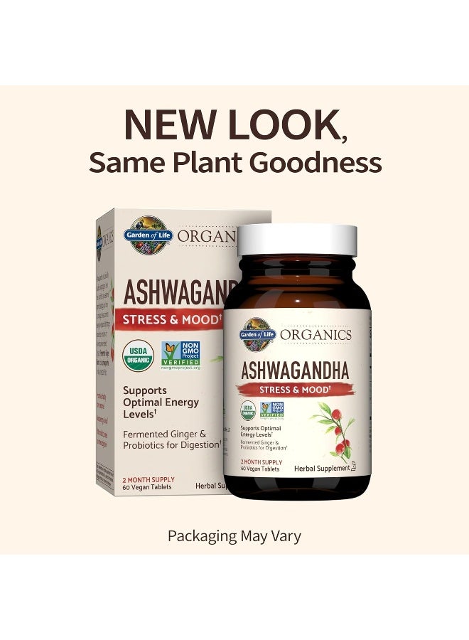 Garden of Life Organic Ashwagandha Stress, Mood & Energy Support Supplement with Probiotics & Ginger Root for Digestion - mykind Organics - Vegan, Gluten Free, Non GMO 2 Month Supply, 60 Tablets