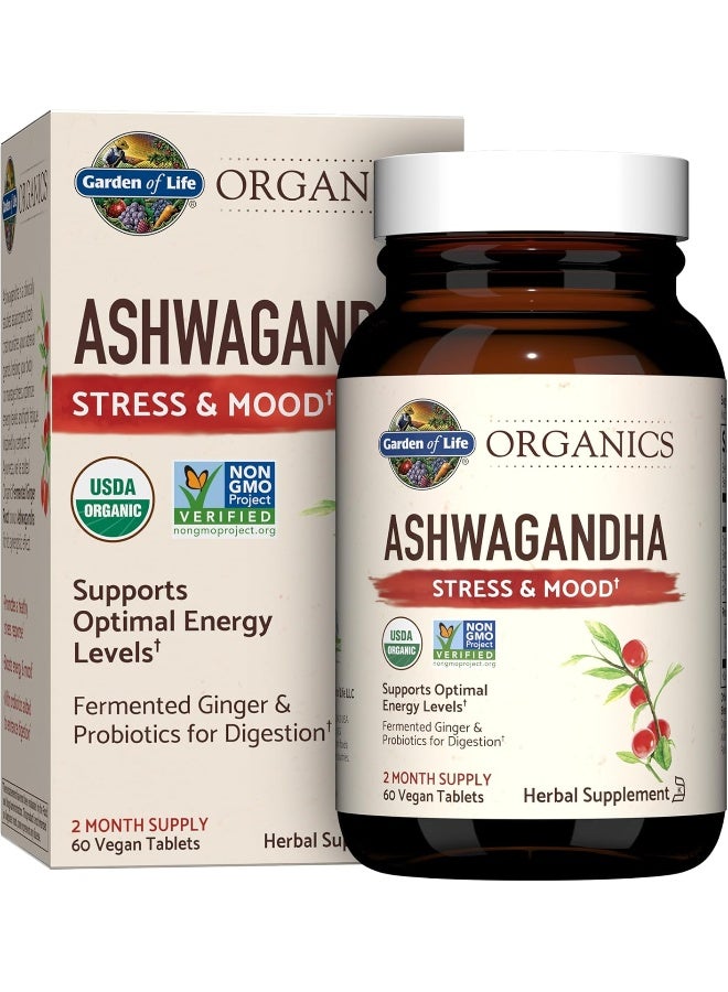 Garden of Life Organic Ashwagandha Stress, Mood & Energy Support Supplement with Probiotics & Ginger Root for Digestion - mykind Organics - Vegan, Gluten Free, Non GMO 2 Month Supply, 60 Tablets