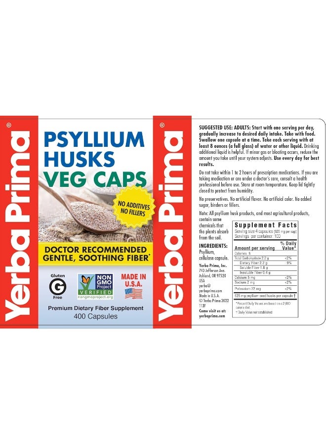 Psyllium Husks Veg Caps, 400 Capsules (625Mg) Vegan, Non-Gmo, Gluten Free, Colon Cleanser, Daily Fiber Supplement