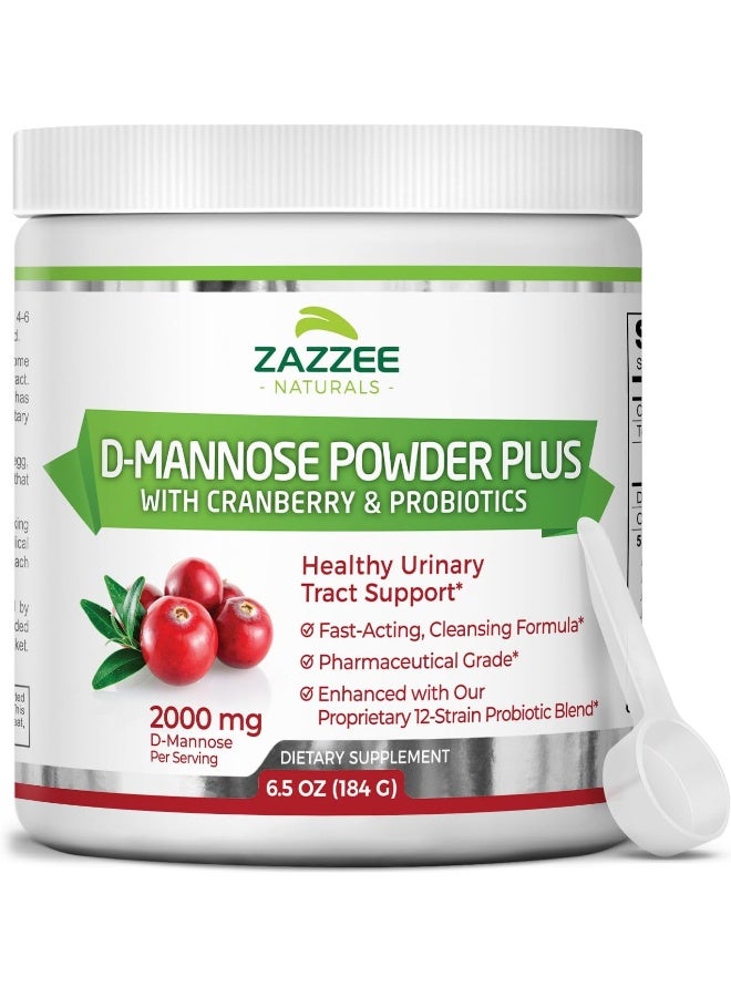 D-Mannose Powder Plus, 67 Servings, 6.5 Ounces, Plus 5 Billion Cfu Probiotics, Enhanced With Pure Cranberry Juice, Includes Free Scoop, Fast-Acting, Vegan, Non-Gmo And All-Natural