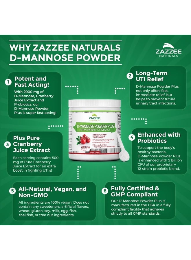 D-Mannose Powder Plus, 67 Servings, 6.5 Ounces, Plus 5 Billion Cfu Probiotics, Enhanced With Pure Cranberry Juice, Includes Free Scoop, Fast-Acting, Vegan, Non-Gmo And All-Natural