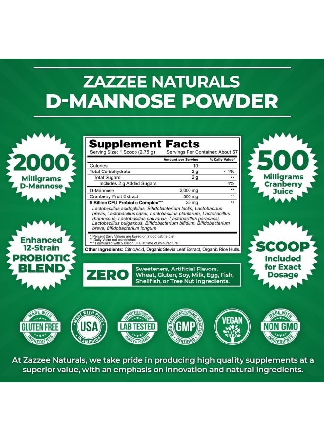 D-Mannose Powder Plus, 67 Servings, 6.5 Ounces, Plus 5 Billion Cfu Probiotics, Enhanced With Pure Cranberry Juice, Includes Free Scoop, Fast-Acting, Vegan, Non-Gmo And All-Natural