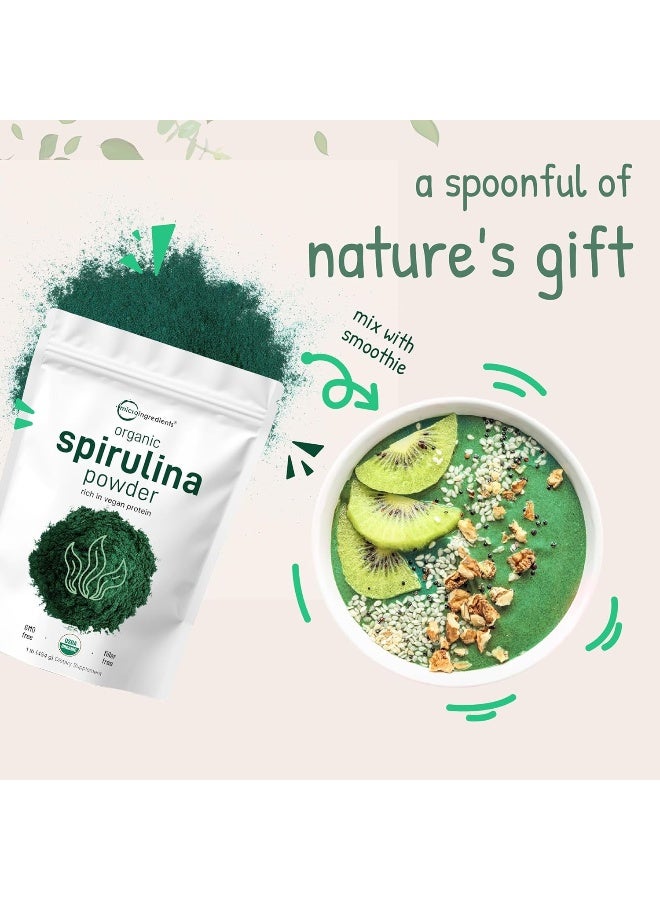 Organic Spirulina Powder, 16 Ounce, Raw Spirulina (Arthrospira Platensis), The Richest Sources Of 70% Vegan Protein, Containers Minerals, Vitamins, Non-Gmo & Non-Irradiation