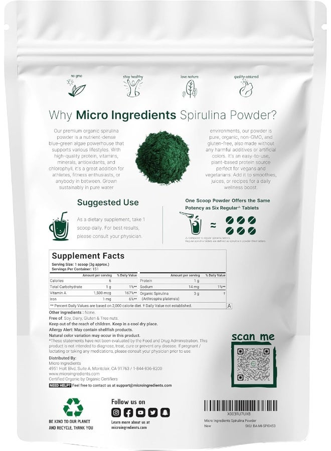 Organic Spirulina Powder, 16 Ounce, Raw Spirulina (Arthrospira Platensis), The Richest Sources Of 70% Vegan Protein, Containers Minerals, Vitamins, Non-Gmo & Non-Irradiation