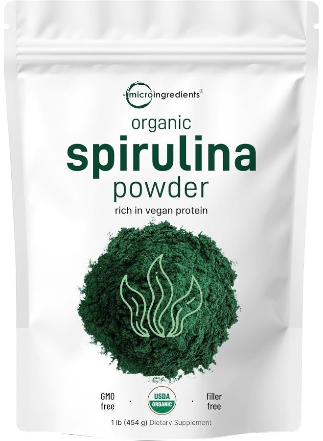 Organic Spirulina Powder, 16 Ounce, Raw Spirulina (Arthrospira Platensis), The Richest Sources Of 70% Vegan Protein, Containers Minerals, Vitamins, Non-Gmo & Non-Irradiation