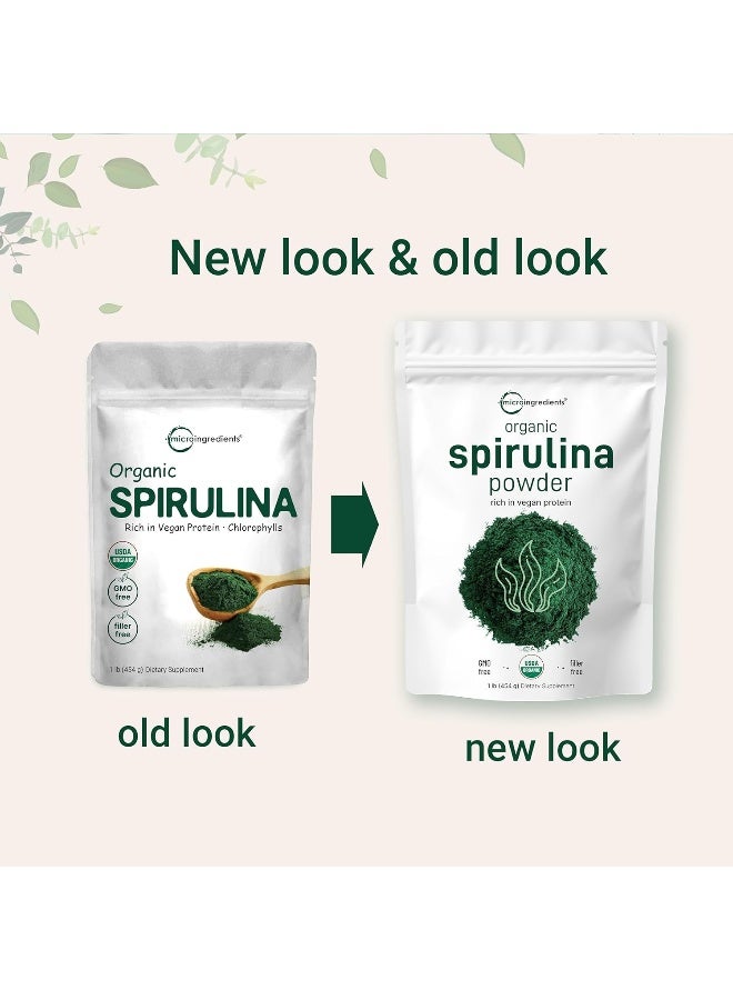 Organic Spirulina Powder, 16 Ounce, Raw Spirulina (Arthrospira Platensis), The Richest Sources Of 70% Vegan Protein, Containers Minerals, Vitamins, Non-Gmo & Non-Irradiation