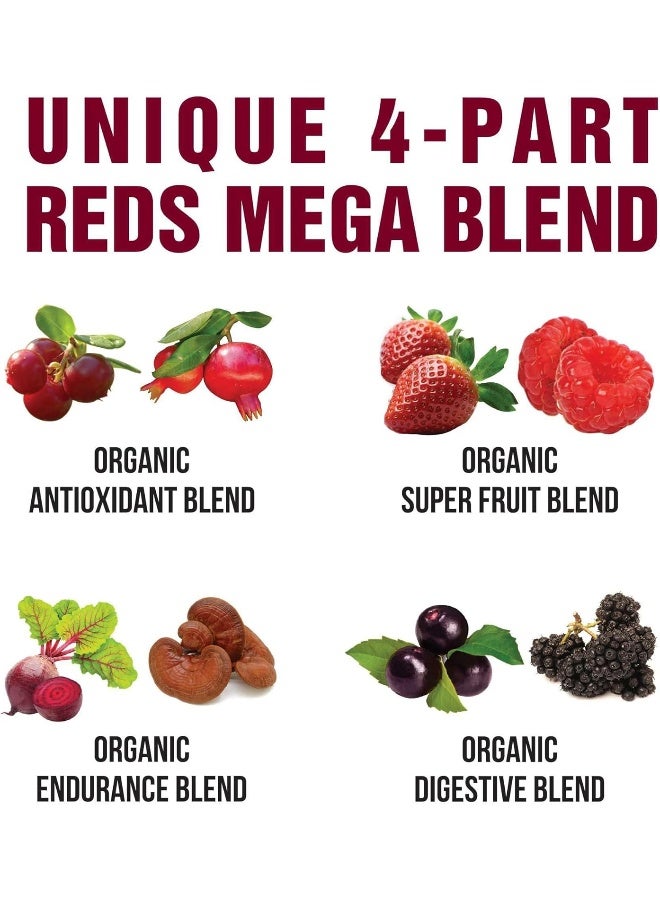 Organic Reds Superfood Powder. Best Tasting Organic Red Juice Super Food With 25+ All Natural Ingredients And Polyphenols. Vital For Max Energy And Detox. Raspberry, Elderberry, Beetroot