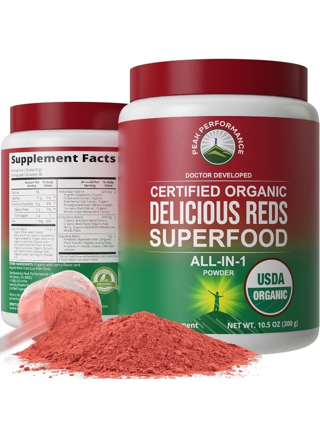Organic Reds Superfood Powder. Best Tasting Organic Red Juice Super Food With 25+ All Natural Ingredients And Polyphenols. Vital For Max Energy And Detox. Raspberry, Elderberry, Beetroot
