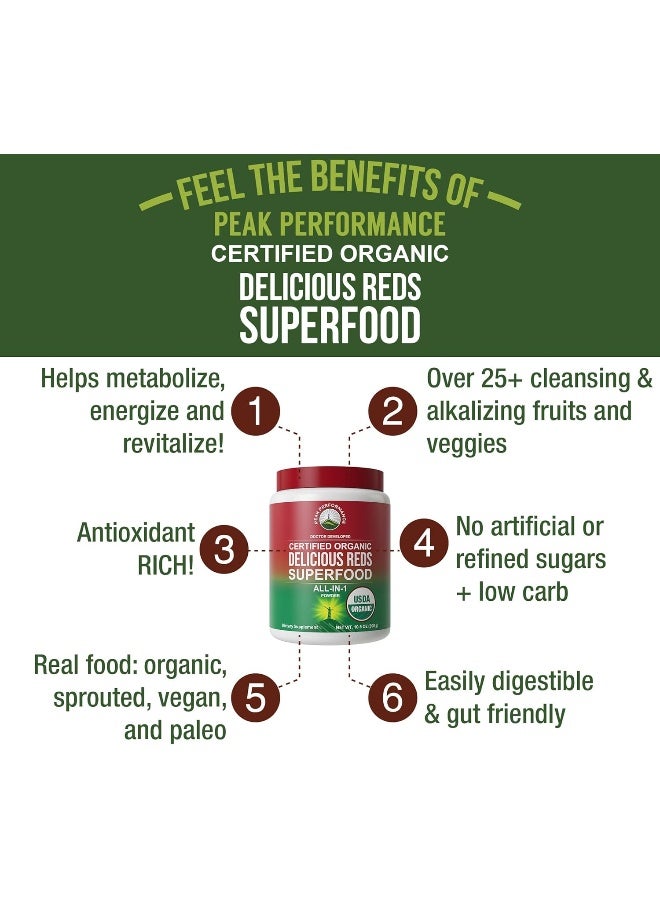 Organic Reds Superfood Powder. Best Tasting Organic Red Juice Super Food With 25+ All Natural Ingredients And Polyphenols. Vital For Max Energy And Detox. Raspberry, Elderberry, Beetroot