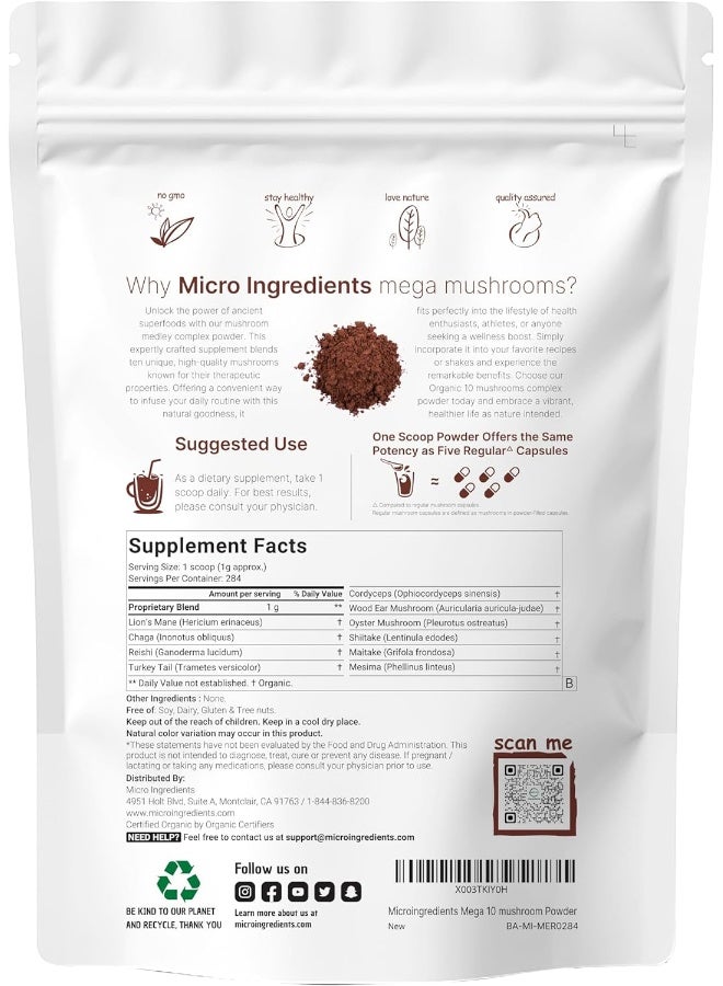 Microingredients Organic Mega 10 Mushroom Complex Powder For Immune System Booster