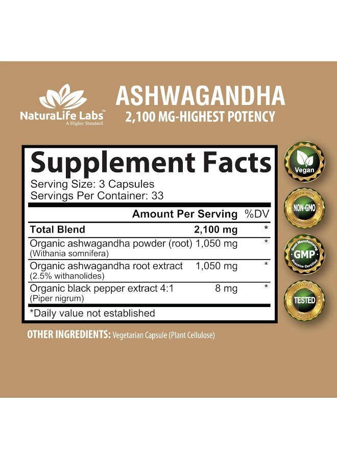 Organic Ashwagandha 2,100 Mg 100 Vegan Capsules