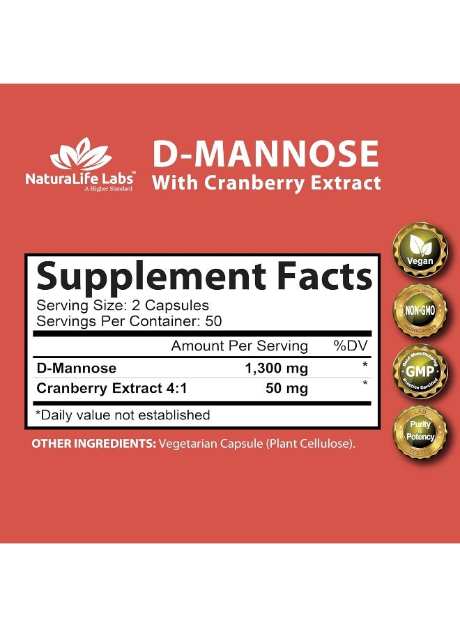 D-Mannose 1,300 Mg With Cranberry Extract Fast-Acting, Flush Impurities, Natural Urinary Tract Health
