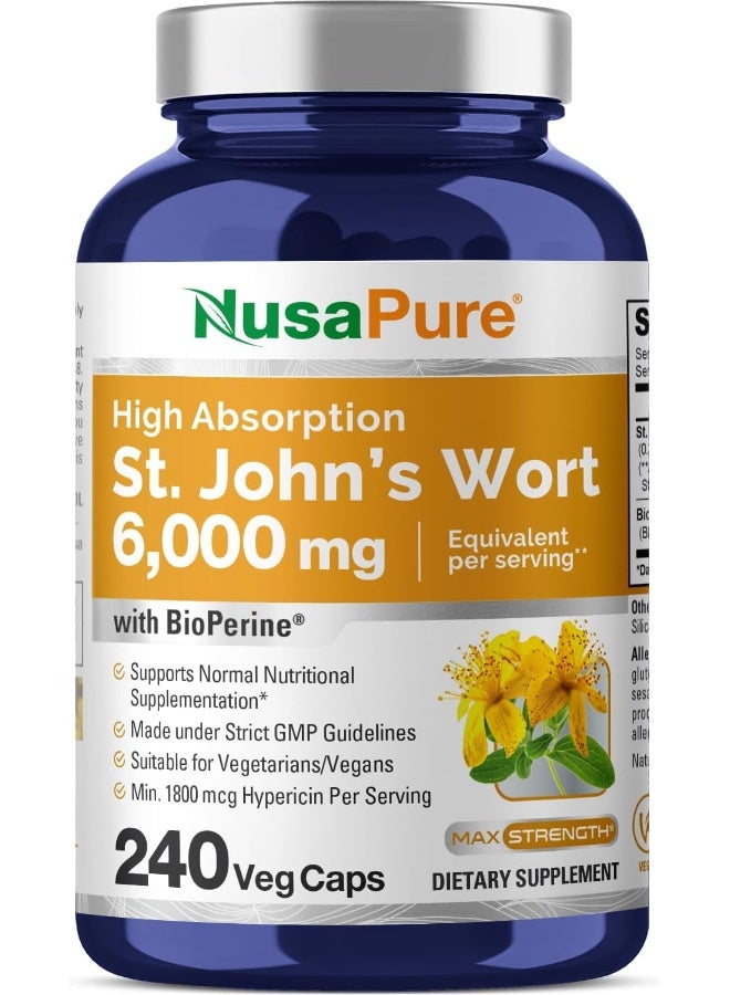 St. John'S Wort 6000 Mg Per Serving. 240 Veggie Capsules (Vegetarian, Non-Gmo & Gluten-Free) With Bioperine