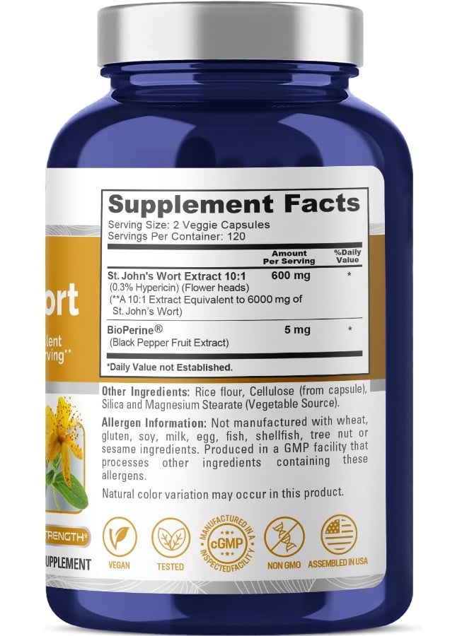 St. John'S Wort 6000 Mg Per Serving. 240 Veggie Capsules (Vegetarian, Non-Gmo & Gluten-Free) With Bioperine