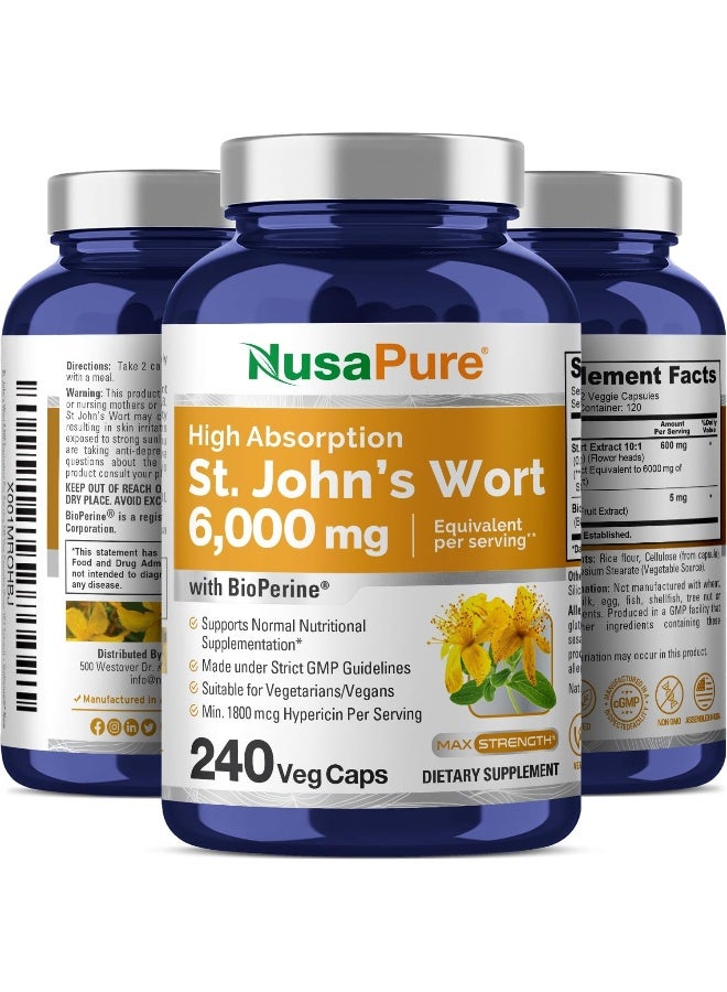 St. John'S Wort 6000 Mg Per Serving. 240 Veggie Capsules (Vegetarian, Non-Gmo & Gluten-Free) With Bioperine