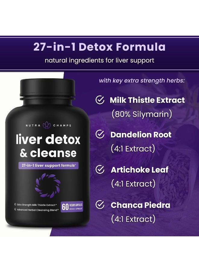 Liver Cleanse Detox & Repair Formula | 25+ Herbs: Milk Thistle Extract With Silymarin, Artichoke, Dandelion, Chicory Root Powder & More! | Premium Liver Support Pills Supplement, 60 Capsules
