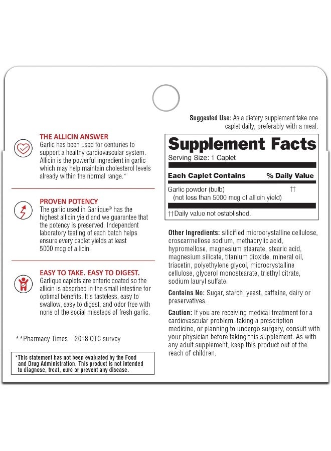 Healthy Cholesterol Formula With 5000 Mcg Of Allicin, 30 Enteric Coated Caplets