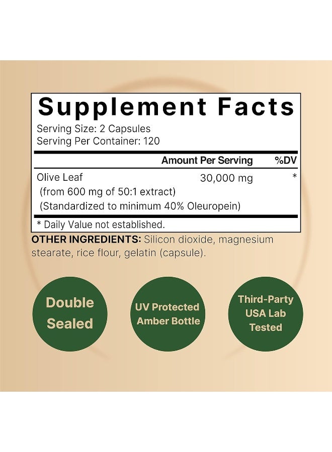 Olive Leaf Extract 30000Mg, 240 Capsules | 40% Active Oleuropein, 50:1 Herbal Equivalent – Rich In Polyphenol & Flavonoid Antioxidants For Immune & Heart Health – Non-Gmo