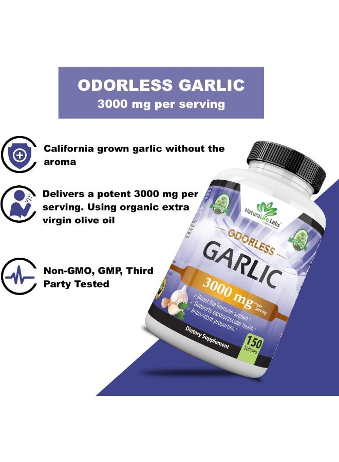 Odorless Pure Garlic 3,000 Mg Per Soft Gel Maximum Strength 150 Soft Gels Promotes Healthy Cholesterol Levels Immune System Support