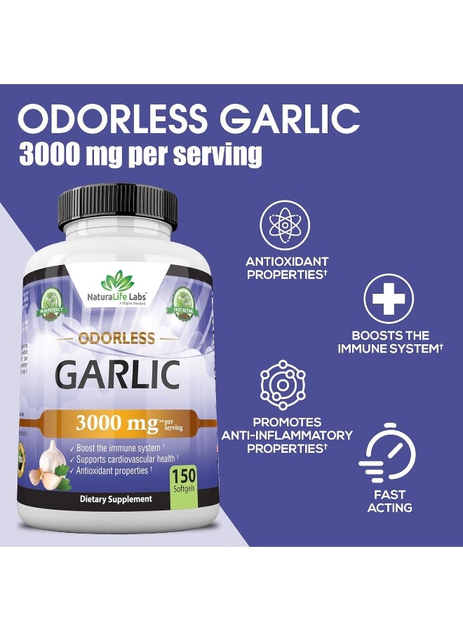 Odorless Pure Garlic 3,000 Mg Per Soft Gel Maximum Strength 150 Soft Gels Promotes Healthy Cholesterol Levels Immune System Support