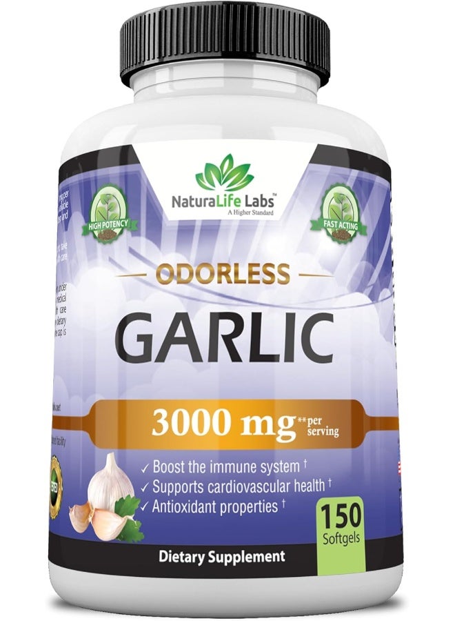 Odorless Pure Garlic 3,000 Mg Per Soft Gel Maximum Strength 150 Soft Gels Promotes Healthy Cholesterol Levels Immune System Support
