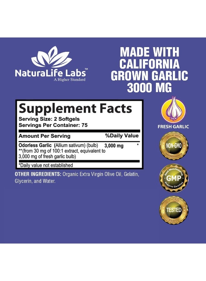 Odorless Pure Garlic 3,000 Mg Per Soft Gel Maximum Strength 150 Soft Gels Promotes Healthy Cholesterol Levels Immune System Support