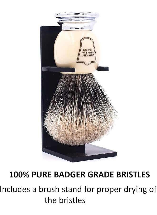 Handmade Deluxe Long Loft 100% Pure Badger Shaving Brush With Ivory & Chrome Handle Brush Stand Included