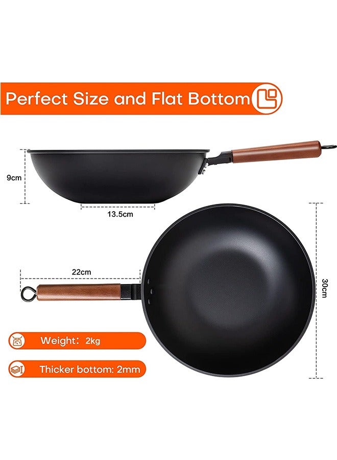 Carbon Steel Wok, 30cm Wok Pan with Lid and Spatula, Nonstick Woks and Stir-fry Pans, No Chemical Coated Flat Bottom Chinese Wok for Induction, Electric, Gas, All Stoves