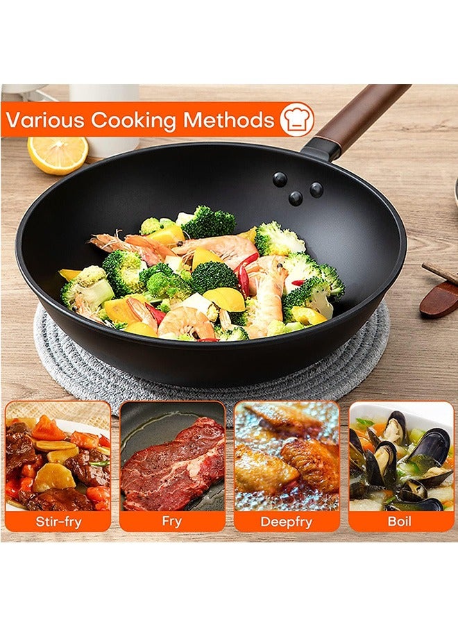 Carbon Steel Wok, 30cm Wok Pan with Lid and Spatula, Nonstick Woks and Stir-fry Pans, No Chemical Coated Flat Bottom Chinese Wok for Induction, Electric, Gas, All Stoves