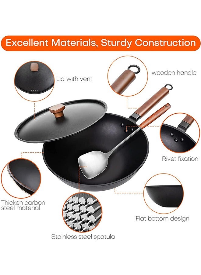 Carbon Steel Wok, 30cm Wok Pan with Lid and Spatula, Nonstick Woks and Stir-fry Pans, No Chemical Coated Flat Bottom Chinese Wok for Induction, Electric, Gas, All Stoves