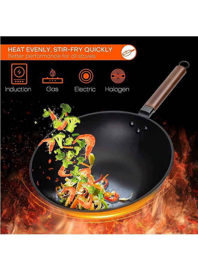 Carbon Steel Wok, 30cm Wok Pan with Lid and Spatula, Nonstick Woks and Stir-fry Pans, No Chemical Coated Flat Bottom Chinese Wok for Induction, Electric, Gas, All Stoves