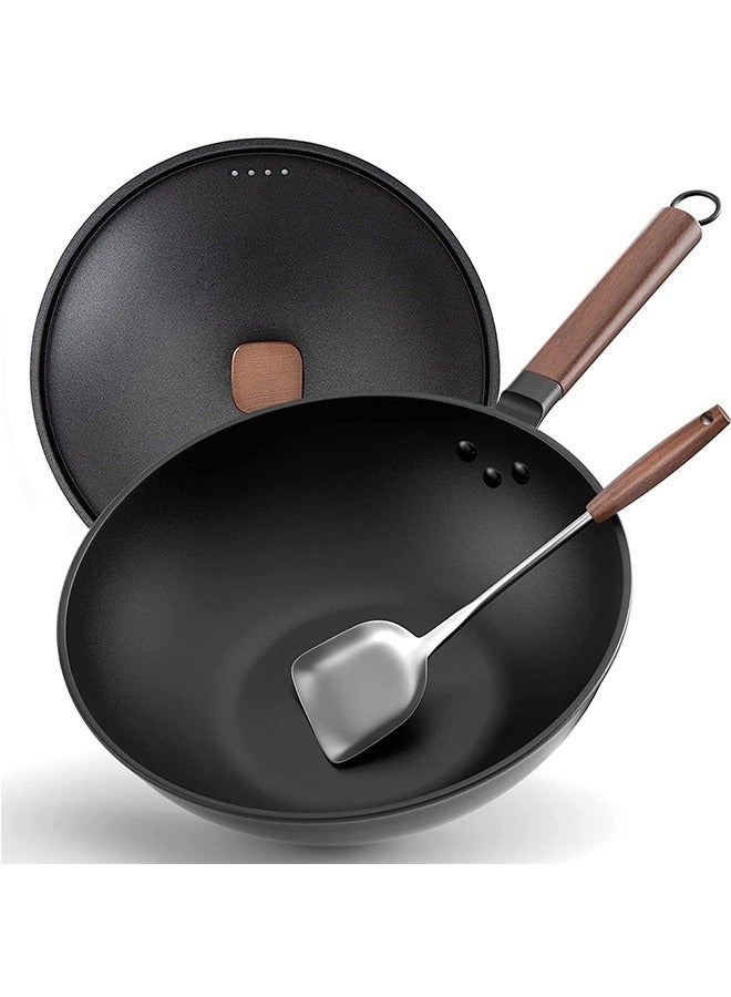 Carbon Steel Wok, 30cm Wok Pan with Lid and Spatula, Nonstick Woks and Stir-fry Pans, No Chemical Coated Flat Bottom Chinese Wok for Induction, Electric, Gas, All Stoves