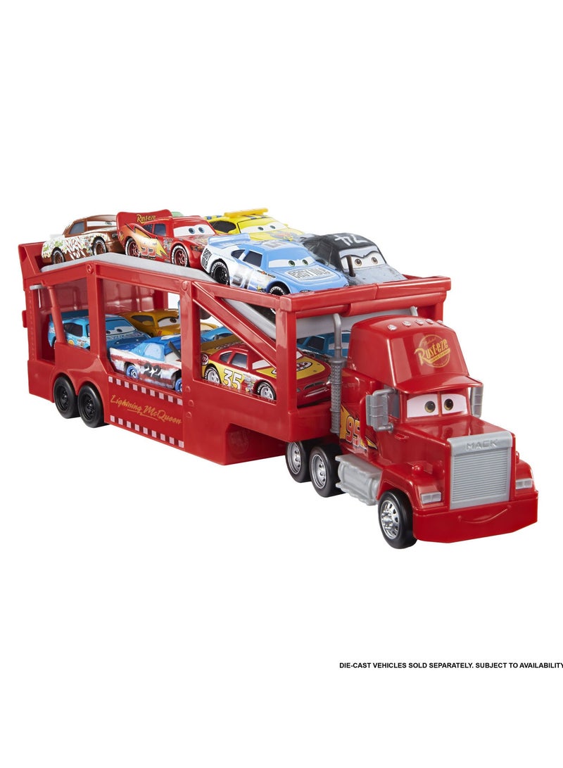 Mack Hauler, 13-inch Toy Transporter Truck with Ramp & Carry Storage for 12 Vehicles