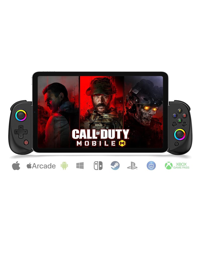 Mobile Gaming Controller – Wireless Gamepad for iPad/Tablet (5-10”) | RGB Hall Effect Joystick, Turbo, 6-Axis Gyro, Vibration, Compatible with iPhone/Android/PC/Switch/PS4 | Supports Streaming & Cloud Gaming