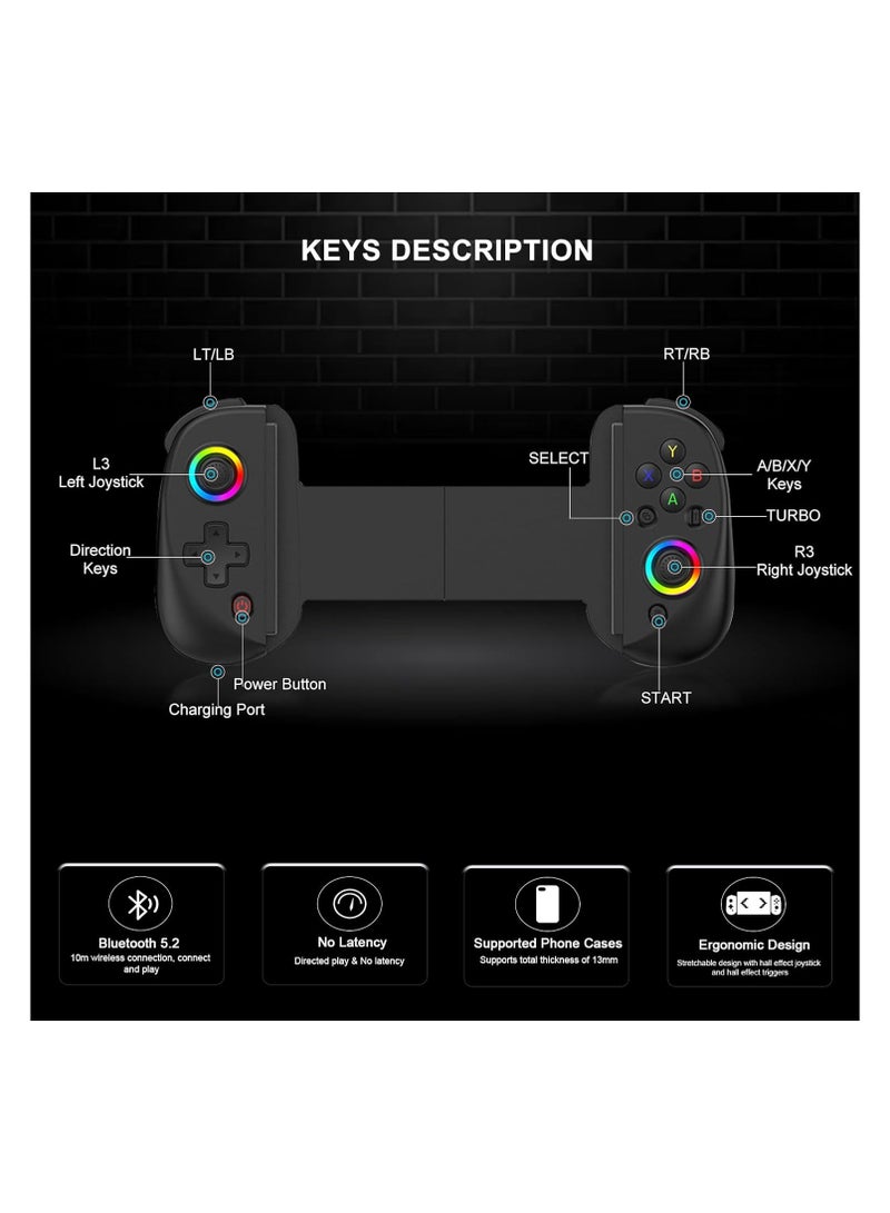 Mobile Gaming Controller – Wireless Gamepad for iPad/Tablet (5-10”) | RGB Hall Effect Joystick, Turbo, 6-Axis Gyro, Vibration, Compatible with iPhone/Android/PC/Switch/PS4 | Supports Streaming & Cloud Gaming