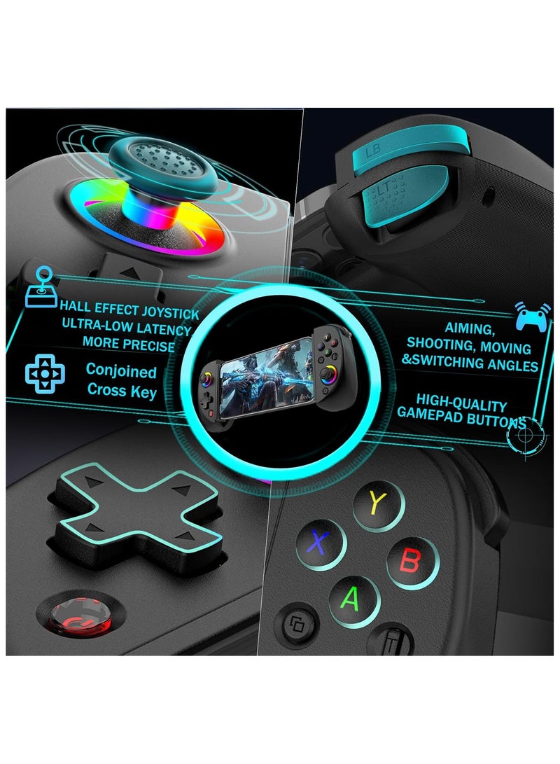 Mobile Gaming Controller – Wireless Gamepad for iPad/Tablet (5-10”) | RGB Hall Effect Joystick, Turbo, 6-Axis Gyro, Vibration, Compatible with iPhone/Android/PC/Switch/PS4 | Supports Streaming & Cloud Gaming