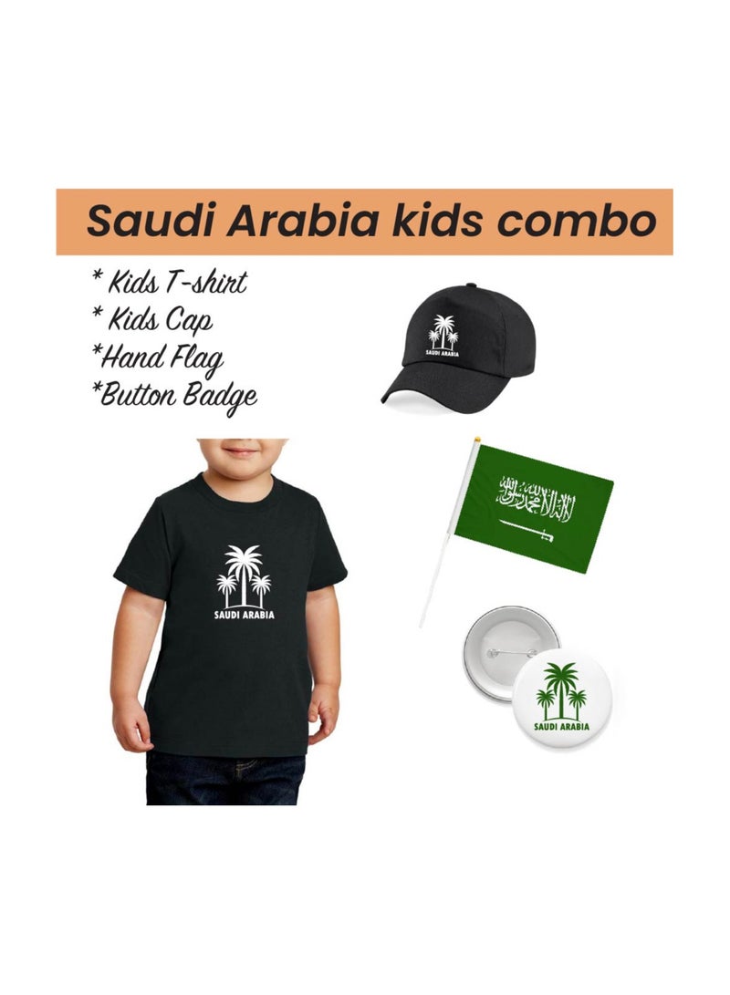 Saudi National Day T Shirt for Boys, Cap, Badge, Flag Set Celebrate Pakistan Saudi National Day with this Kids Combo Pack in Style