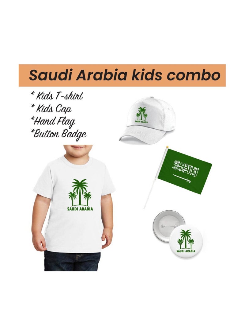 Saudi National Day T Shirt for Boys, Cap, Badge, Flag Set Celebrate Pakistan Saudi National Day with this Kids Combo Pack in Style