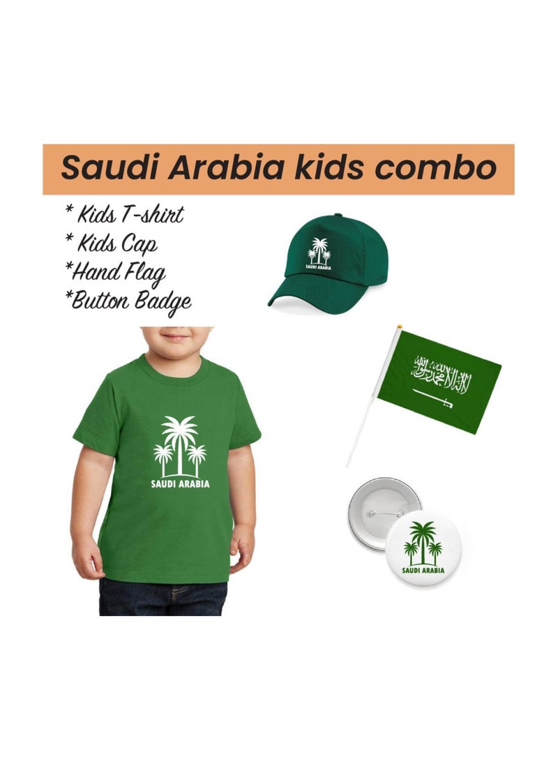 Saudi National Day T Shirt for Boys, Cap, Badge, Flag Set Celebrate Pakistan Saudi National Day with this Kids Combo Pack in Style