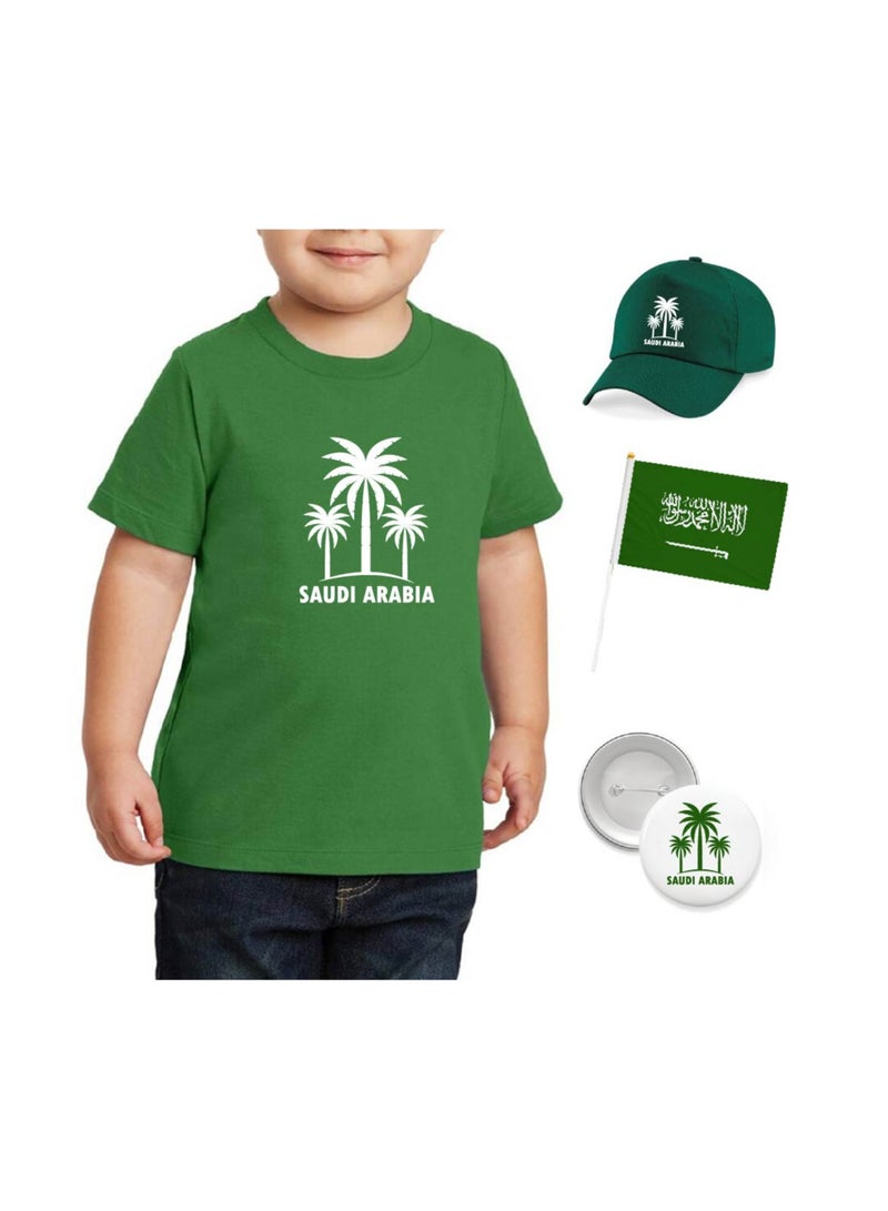 Saudi National Day T Shirt for Boys, Cap, Badge, Flag Set Celebrate Pakistan Saudi National Day with this Kids Combo Pack in Style