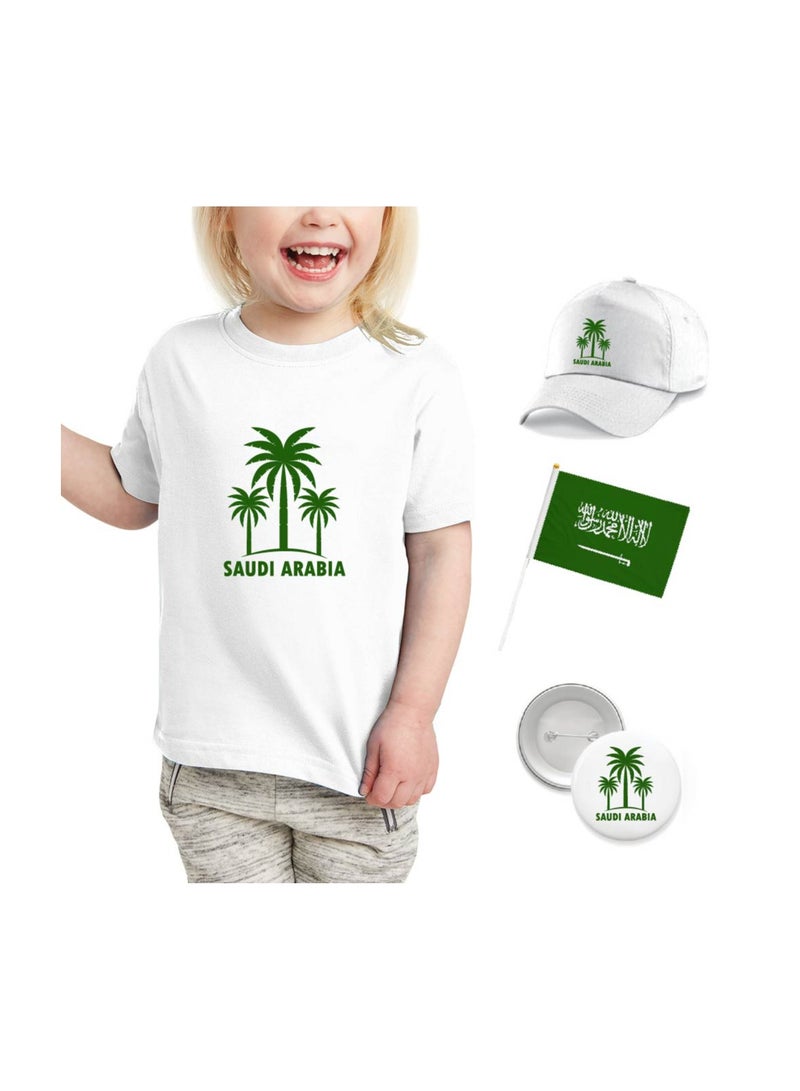 Saudi National Day T Shirt for Girls, Cap, Badge, Flag Set Celebrate Pakistan Saudi National Day with this Kids Combo Pack in Style